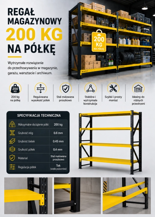 Dostawka 192x60x200cm moduł do regału 200x60x200cm 800g 4 półki żółty.png