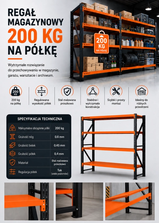 Regał Magazynowy 200x60x200cm 800kg 4 Półki Czarno-pomarańczowy.png