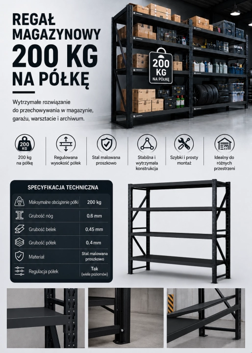 Regał Magazynowy 200x60x200cm 800kg 4 Półki Czarny.png