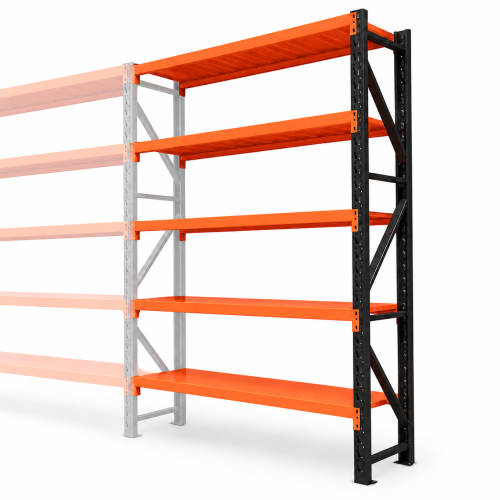 Dostawka 192x50x250cm moduł do regału 200x50x250cm 1500kg 5 półki czarno-pomarańczowy