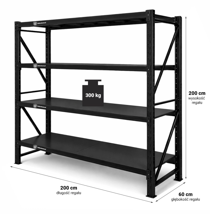 Regał Magazynowy 200x60x200cm 1200kg 4 Półki Czarny