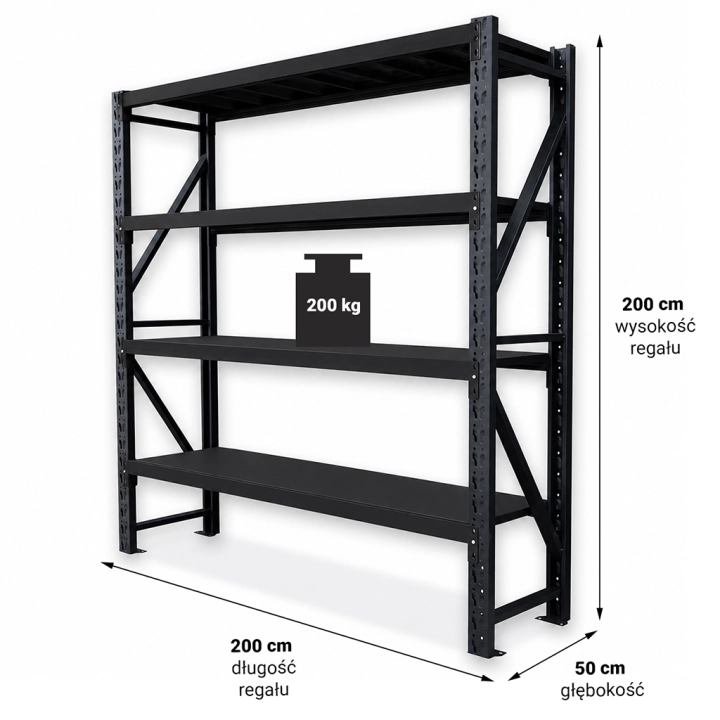 Regał Magazynowy 200x50x200cm 800kg 4 Półki Czarny.png