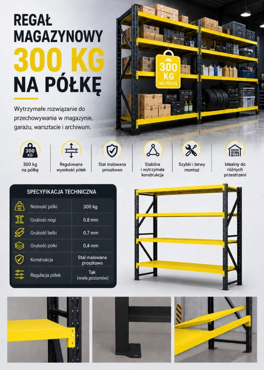 Regał Magazynowy 200x50x200cm 1200kg 4 Półki Czarno-żółty.png