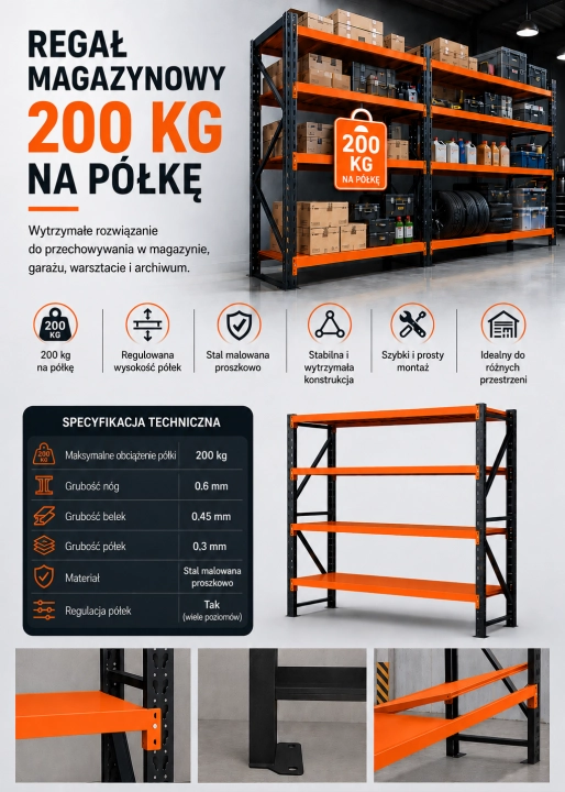 Regał Magazynowy 200x50x200cm 800kg 4 Półki Czarno-pomarańczowy.png