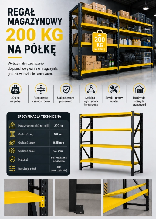 Regał Magazynowy 200x50x200cm 800kg 4 Półki Czarno-żółty.png