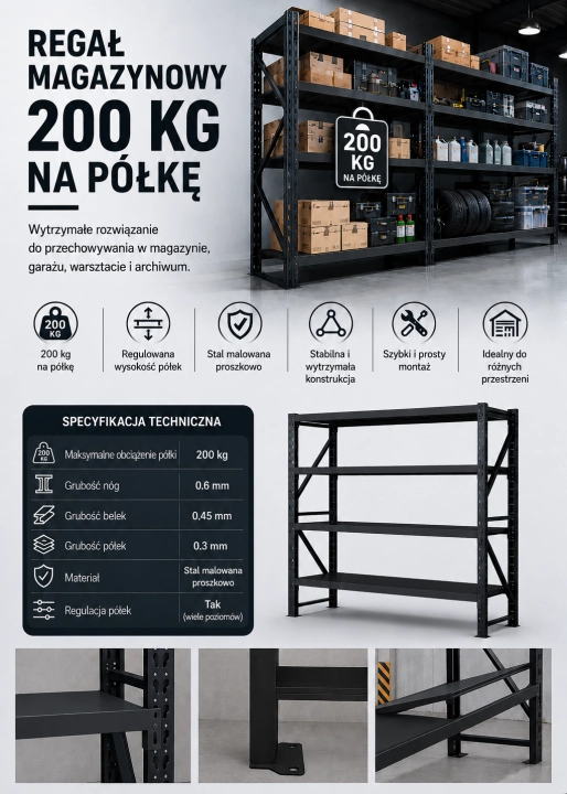 Regał Magazynowy 200x50x200cm 800kg 4 Półki Czarny.png