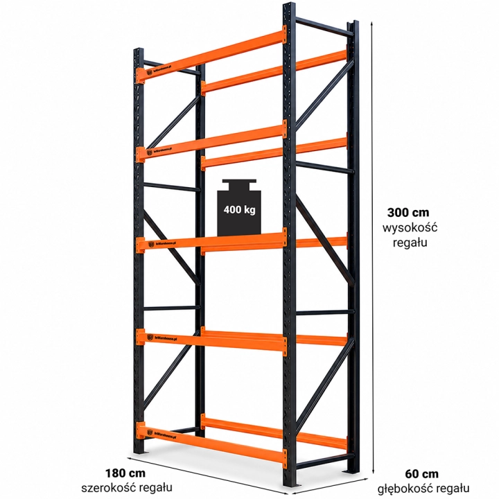Regał stalowy do składowania opon 180x60x300 2000kg 5 półek czarno-pomarańczowy .png