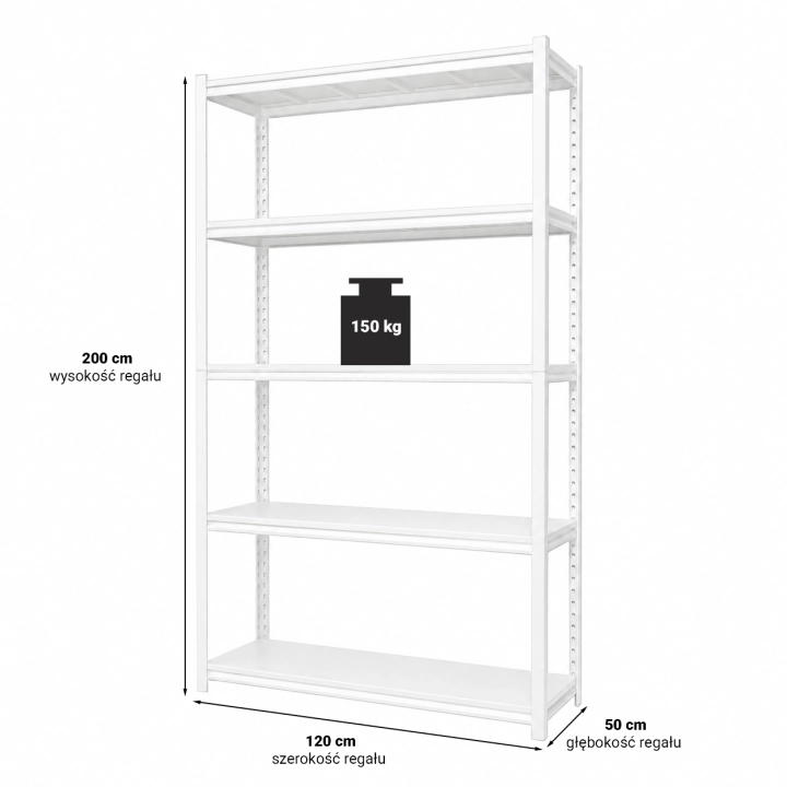 Regał Magazynowy 120x50x200cm 750kg 5 Metalowych Półek Biały.png
